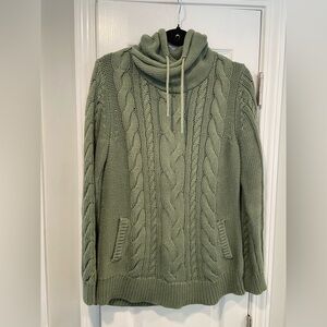 L.L. Bean Size M Sage Green Double L Mixed Cable Knit Funnel Neck Cotton Sweater